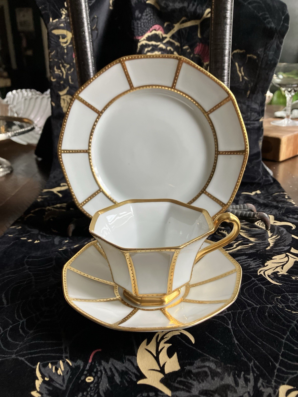 Vtg Tirschenreuth Bavaria Art Deco Teacup Saucer Trio Set Gold Octagon Germany Vtg Tirschenreuth Bavaria Art Deco Teacup Saucer Trio Set Gold Octagon Germany