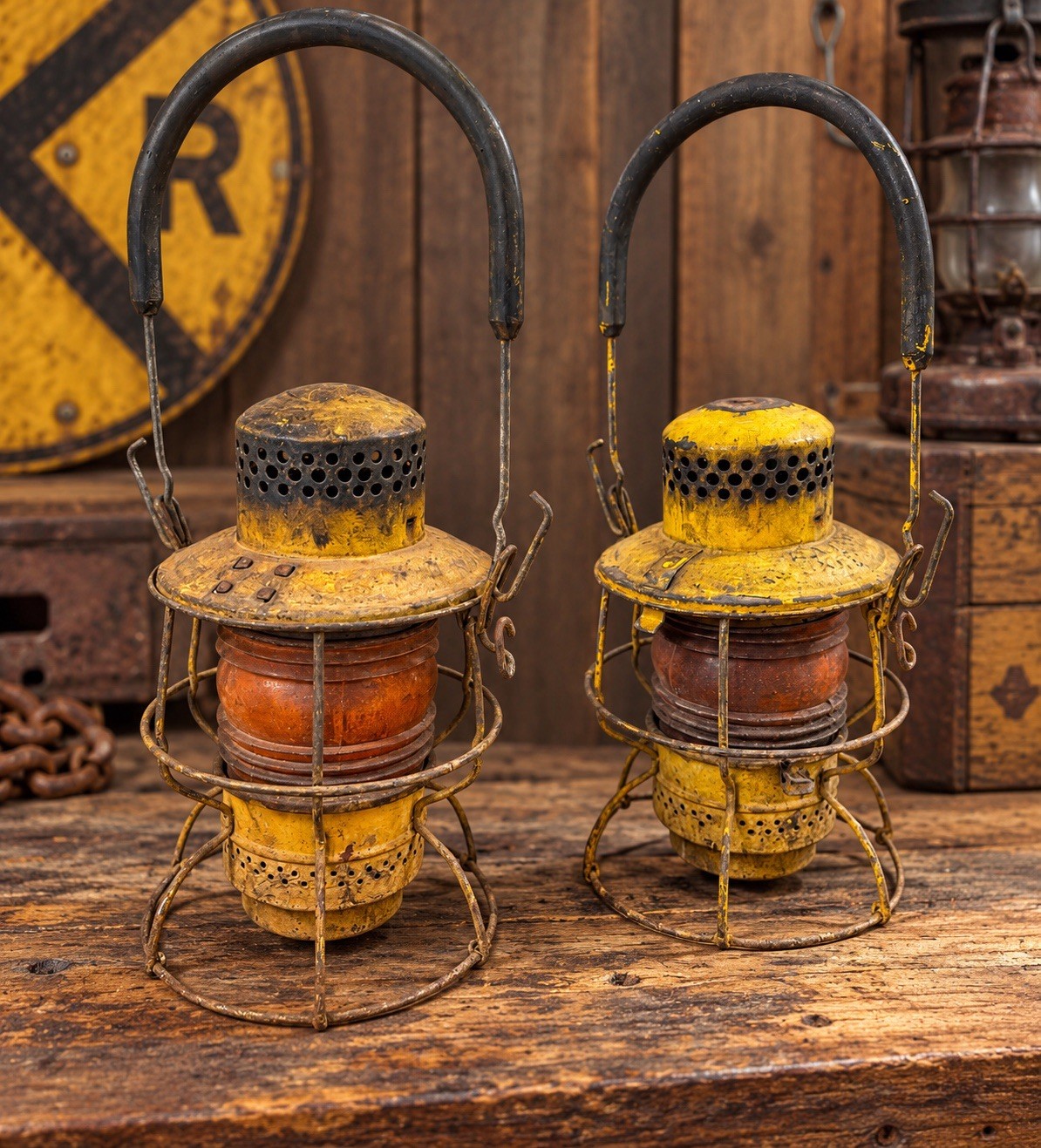 Pair Vintage Adlake Kero Railroad Lanterns Amber Globes Yellow Industrial Pair Vintage Adlake Kero Railroad Lanterns Amber Globes Yellow Industrial