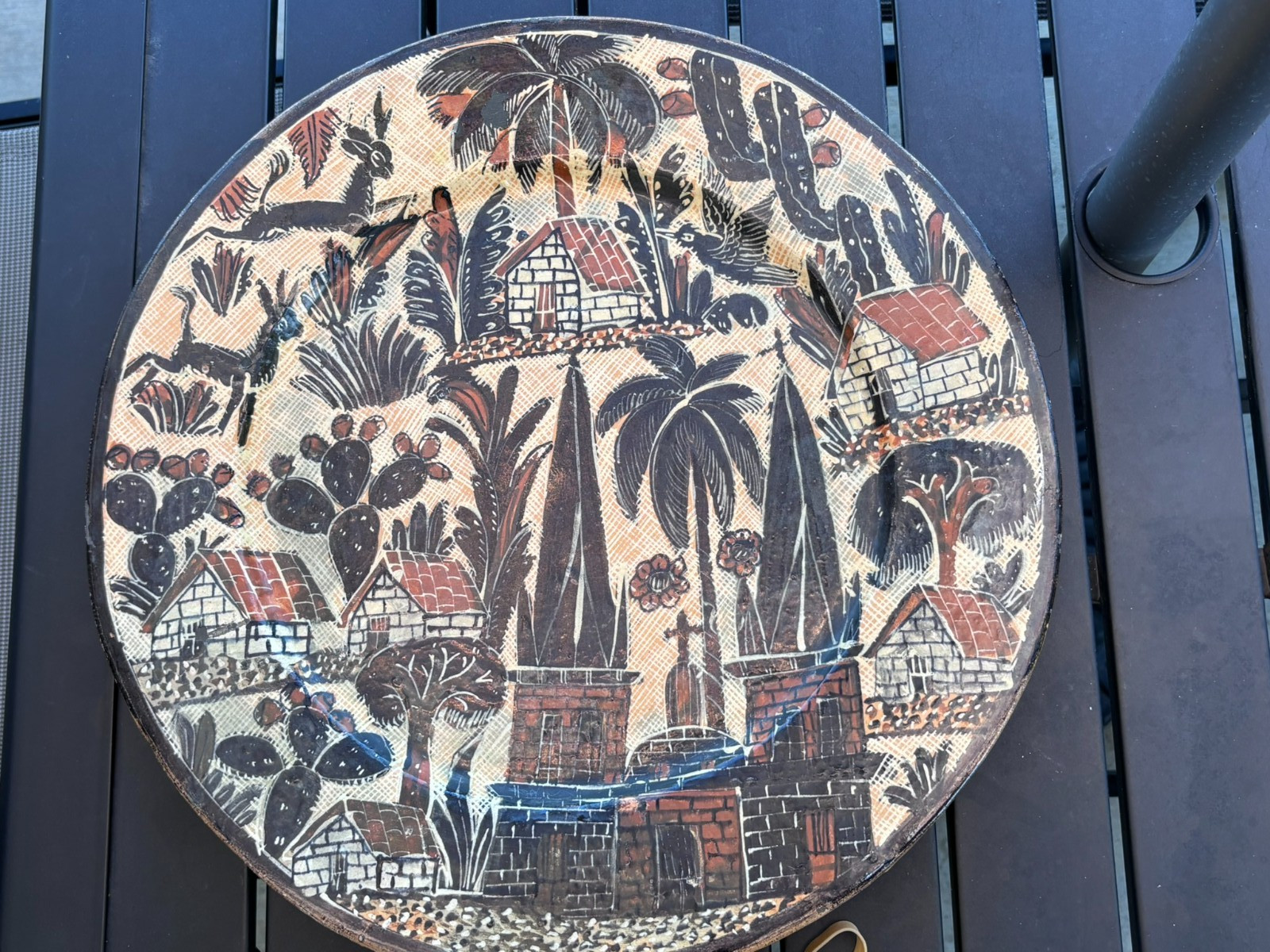 Vintage Tlaquepaque Mexico Lucano Petatillo 15" Charger Birds Cactus Folk Art