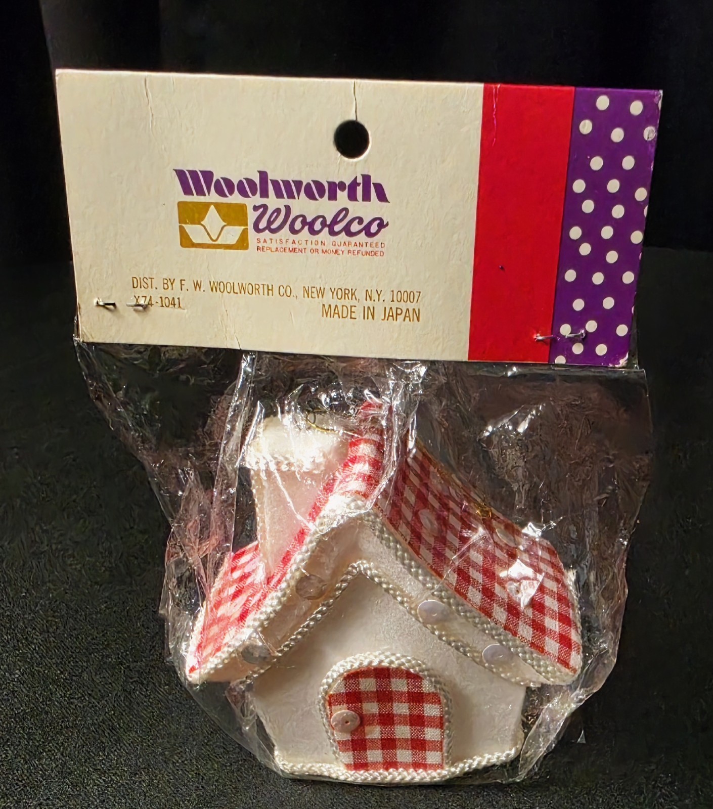 Vtg Woolworth Woolco Christmas Ornament Flocked House Red Gingham Plaid NOS Vtg Woolworth Woolco Christmas Ornament Flocked House Red Gingham Plaid NOS