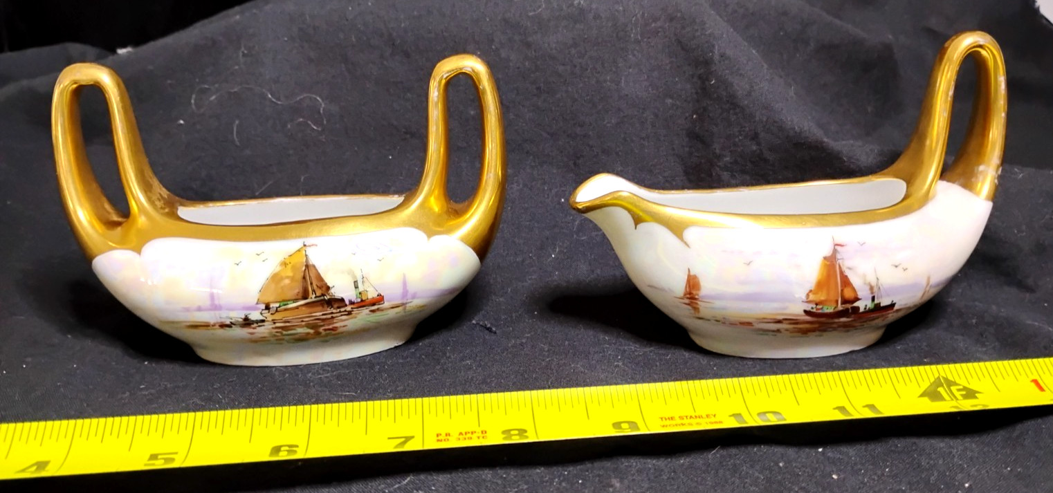 Antique Jul Brauer Cream, Sugar w/Sailboat Handpainted Gold Trim 1903 Signed FRG Antique Jul Brauer Cream, Sugar w/Sailboat Handpainted Gold Trim 1903 Signed FRG