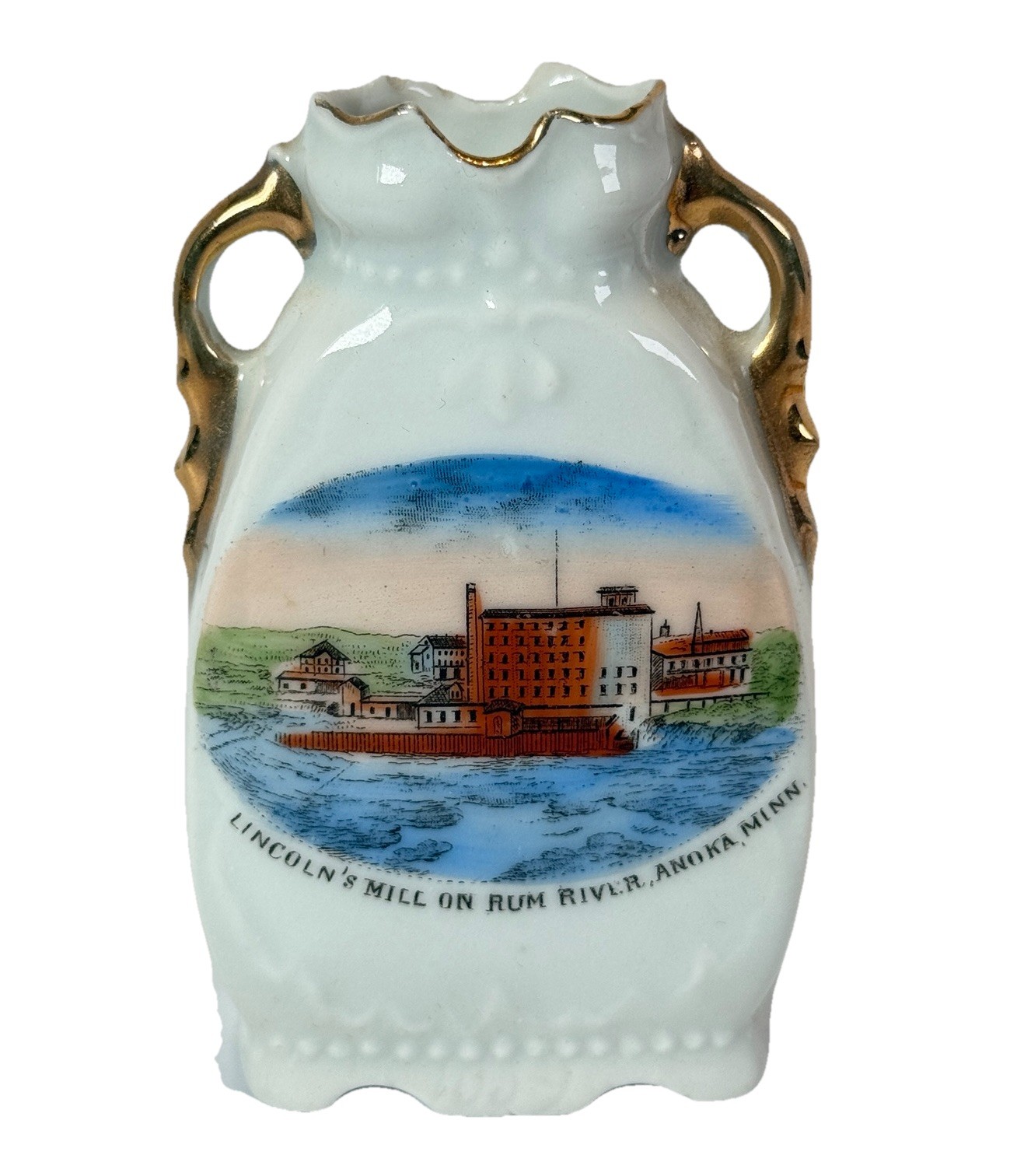 ANOKA MINNESOTA MN Antique LINCOLNS MILL RUN RIVER Souvenir China Vase Trinket