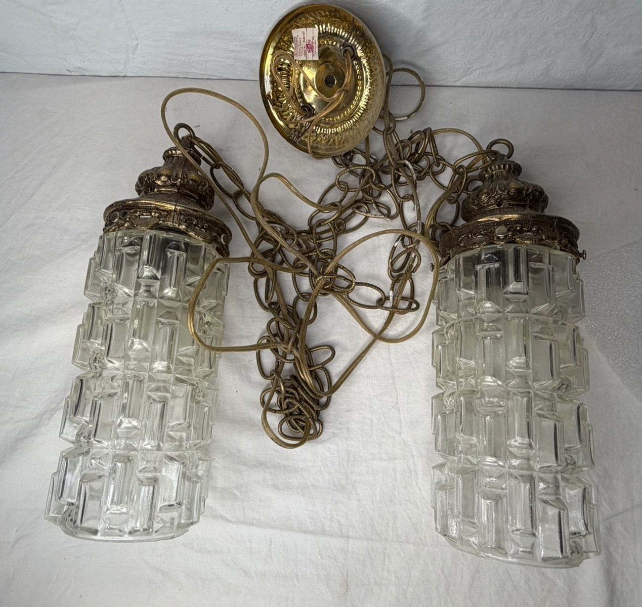 Vintage MCM Double Swag Lamp Set Textured Cube Glass Cylinder Hollywood Regency