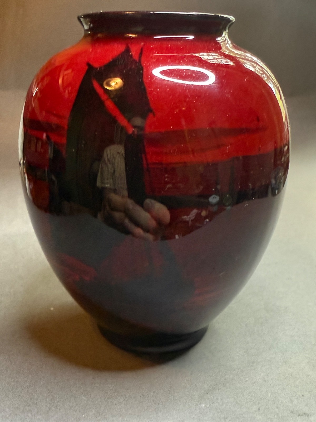 Royal Doulton Flambe Vase 5 inches Boats in Harbor Woodblock Scene Trees Horizon Royal Doulton Flambe Vase 5 inches Boats in Harbor Woodblock Scene Trees Horizon