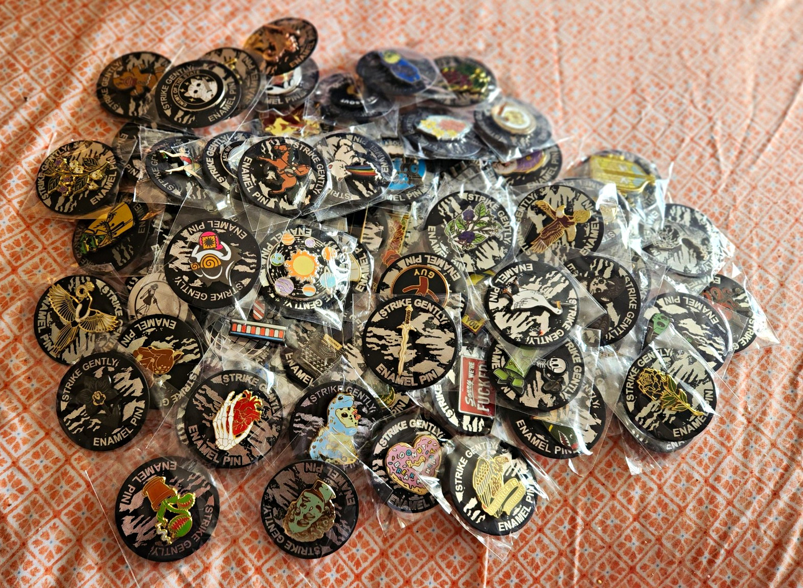 Random Lot Of 100 Enamel Pins From Strike Gently, Brand New Never Used Or Worn Random Lot Of 100 Enamel Pins From Strike Gently, Brand New Never Used Or Worn