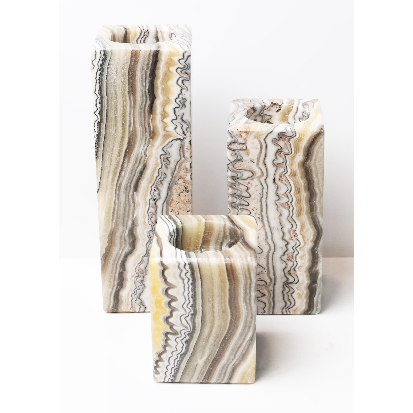 Mexican Zebra Onyx Candle Holders, Graduated Set of Three Mexican Zebra Onyx Candle Holders, Graduated Set of Three