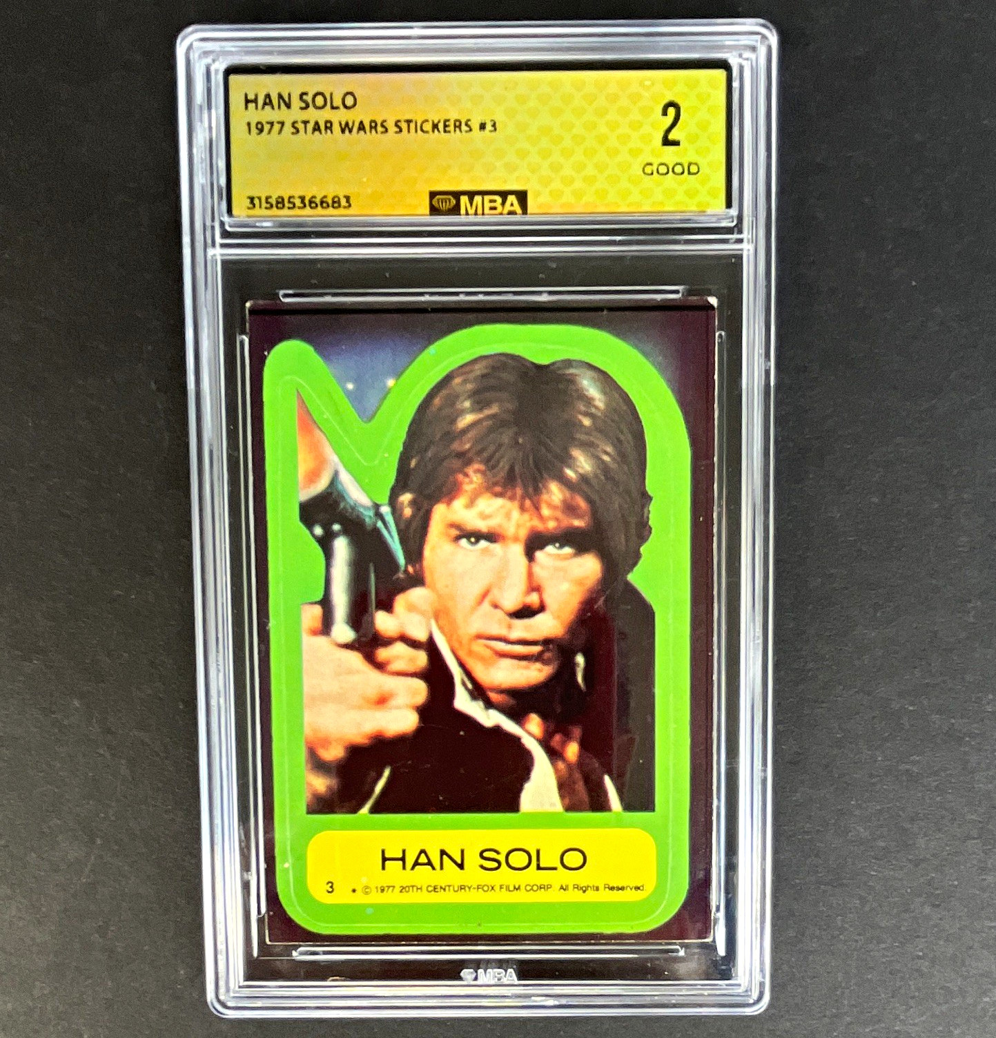 Topps 1977 Star Wars Stickers #3 Han Solo Harrison Ford MBA 2 Sticker Topps 1977 Star Wars Stickers #3 Han Solo Harrison Ford MBA 2 Sticker