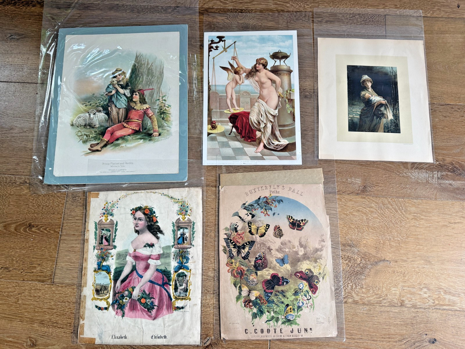 Lot of 5 Vintage 1890s–1900s Chromolithograph Prints – Allegorical Romantic & Ad Lot of 5 Vintage 1890s–1900s Chromolithograph Prints – Allegorical Romantic & Ad