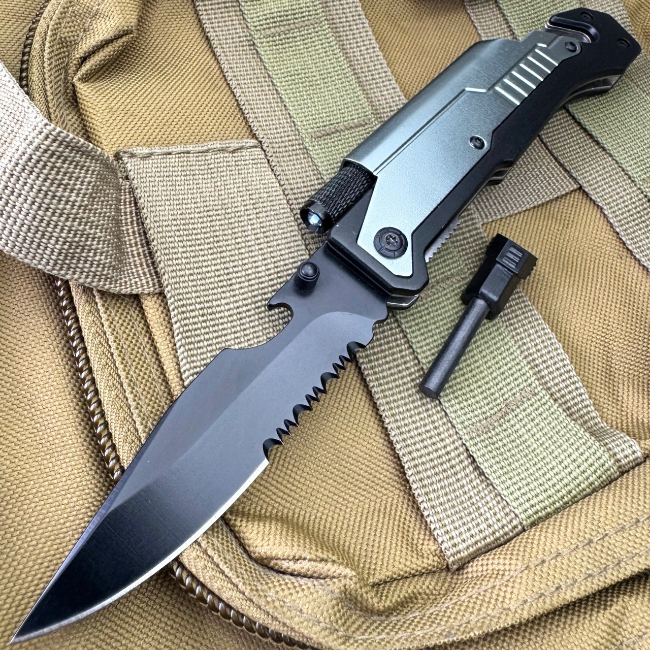 Best 7-in-1 Survival Tactical Military Folding Pocket Knife w LED Light Tool