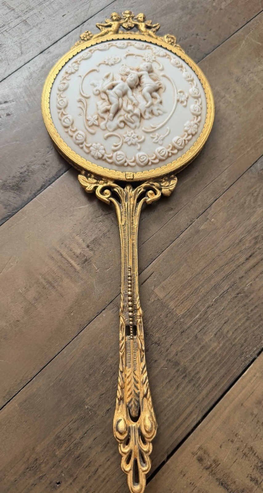 Vintage Handheld Mirror Angels Gold Finish24K Gold Plated Porcelain Roses