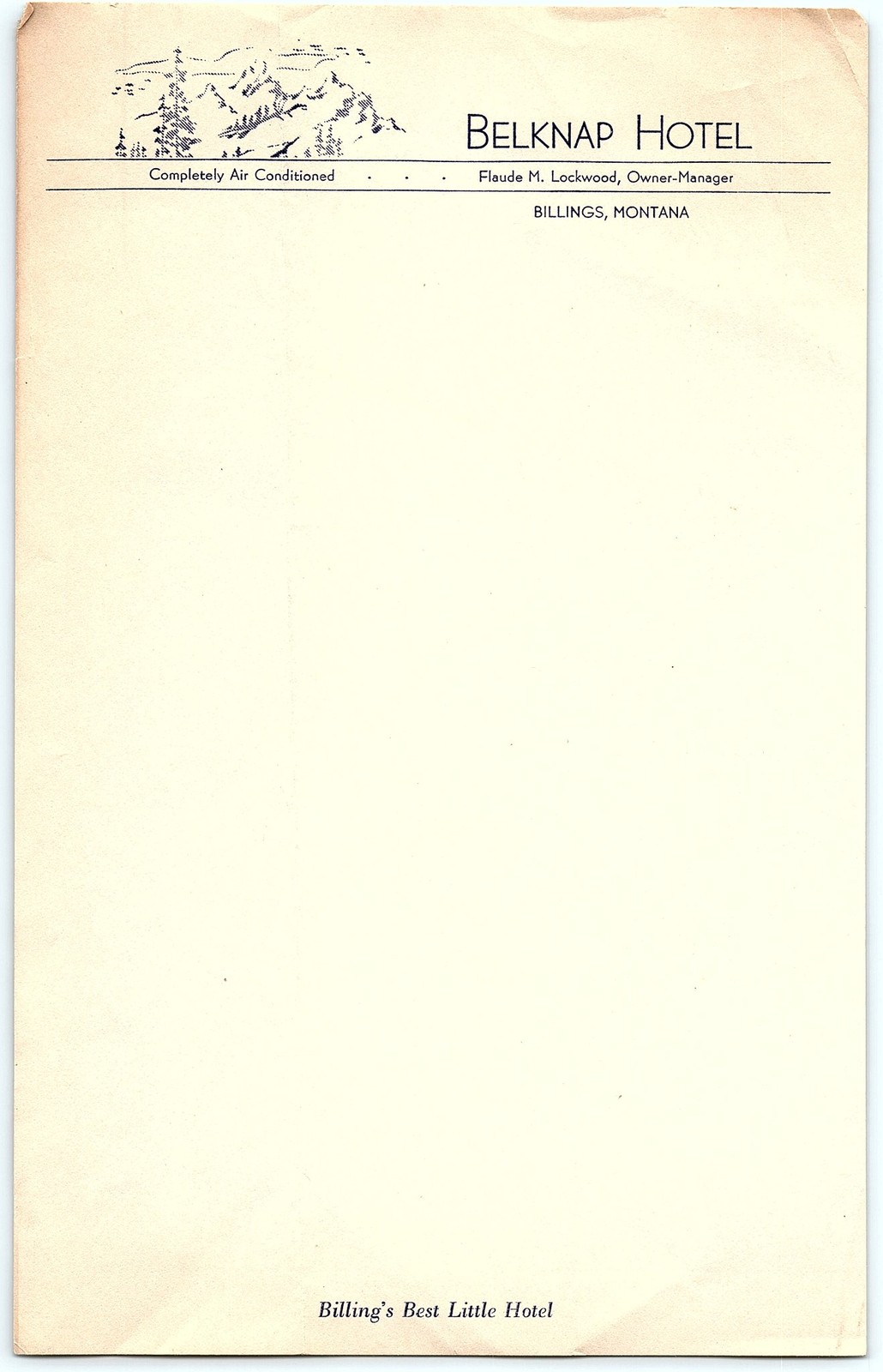 Vintage Belknap Hotel Billings MT unused letterhead Vintage Belknap Hotel Billings MT unused letterhead