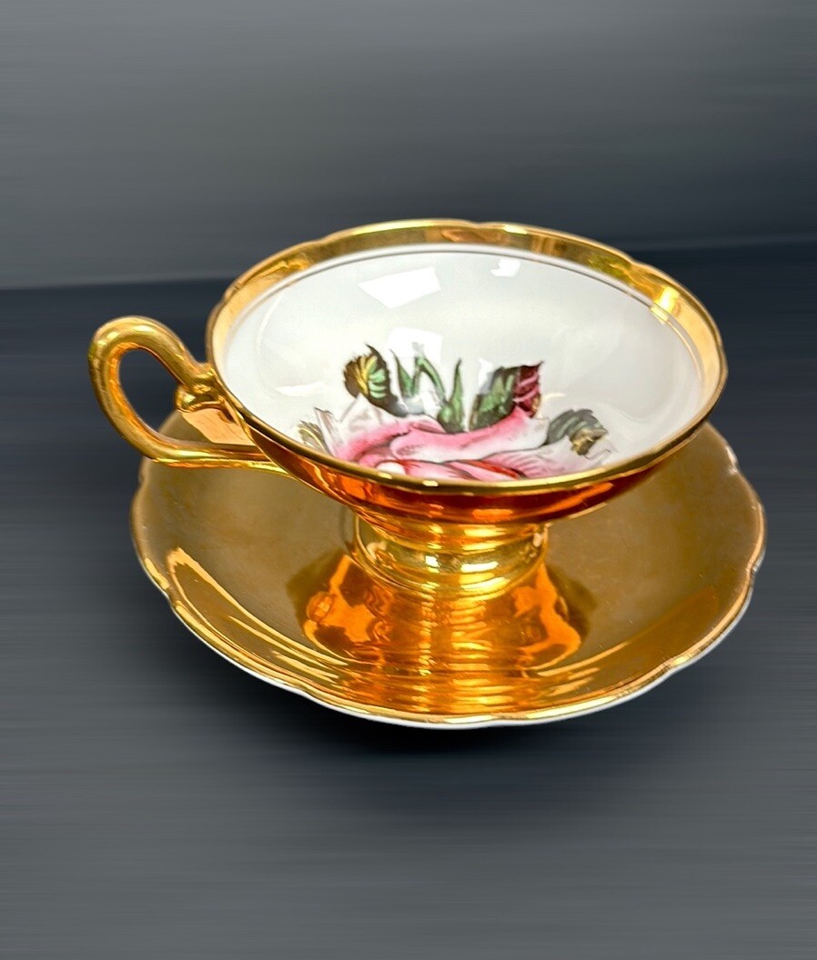 Vintage Taylor & Kent Large Pink Cabbage Rose Tea Cup Saucer Heavy Gold Signed Vintage Taylor & Kent Large Pink Cabbage Rose Tea Cup Saucer Heavy Gold Signed