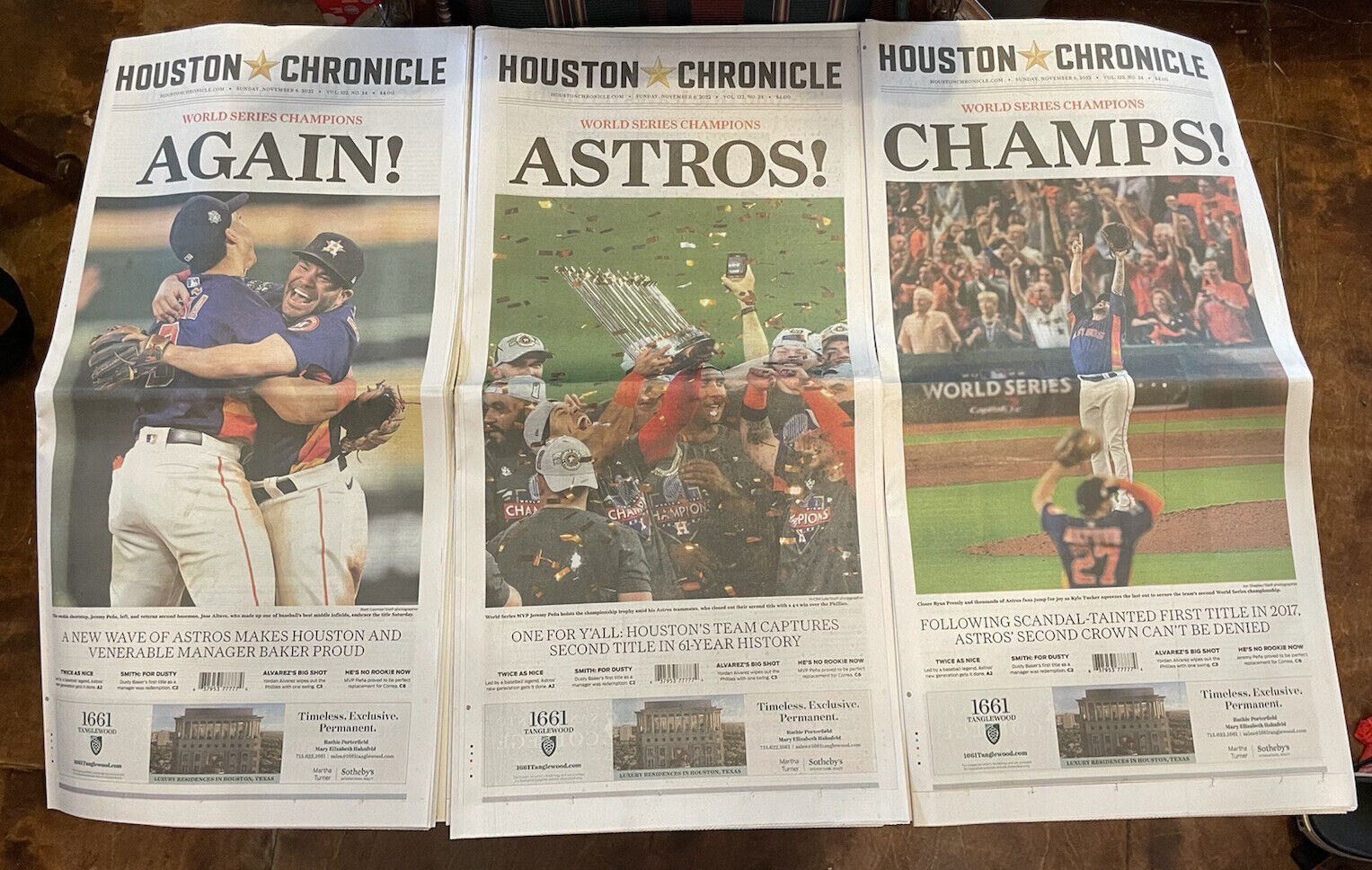 All Three 2022 World Series Houston Astros Houston Chronicle Newspaper's