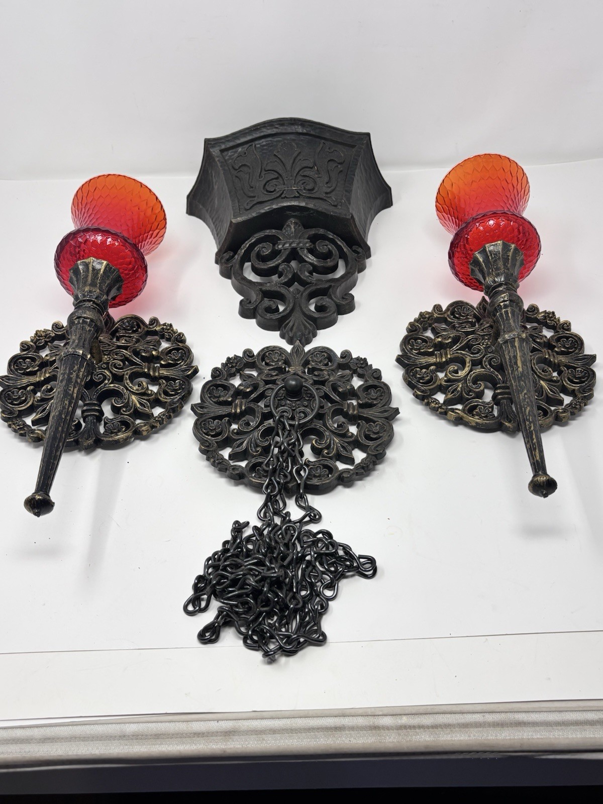 Vtg 1970s Homco Dart Ind Gothic 6 Pc Wall Pocket Planter Sconces Ruby Red Glass Vtg 1970s Homco Dart Ind Gothic 6 Pc Wall Pocket Planter Sconces Ruby Red Glass