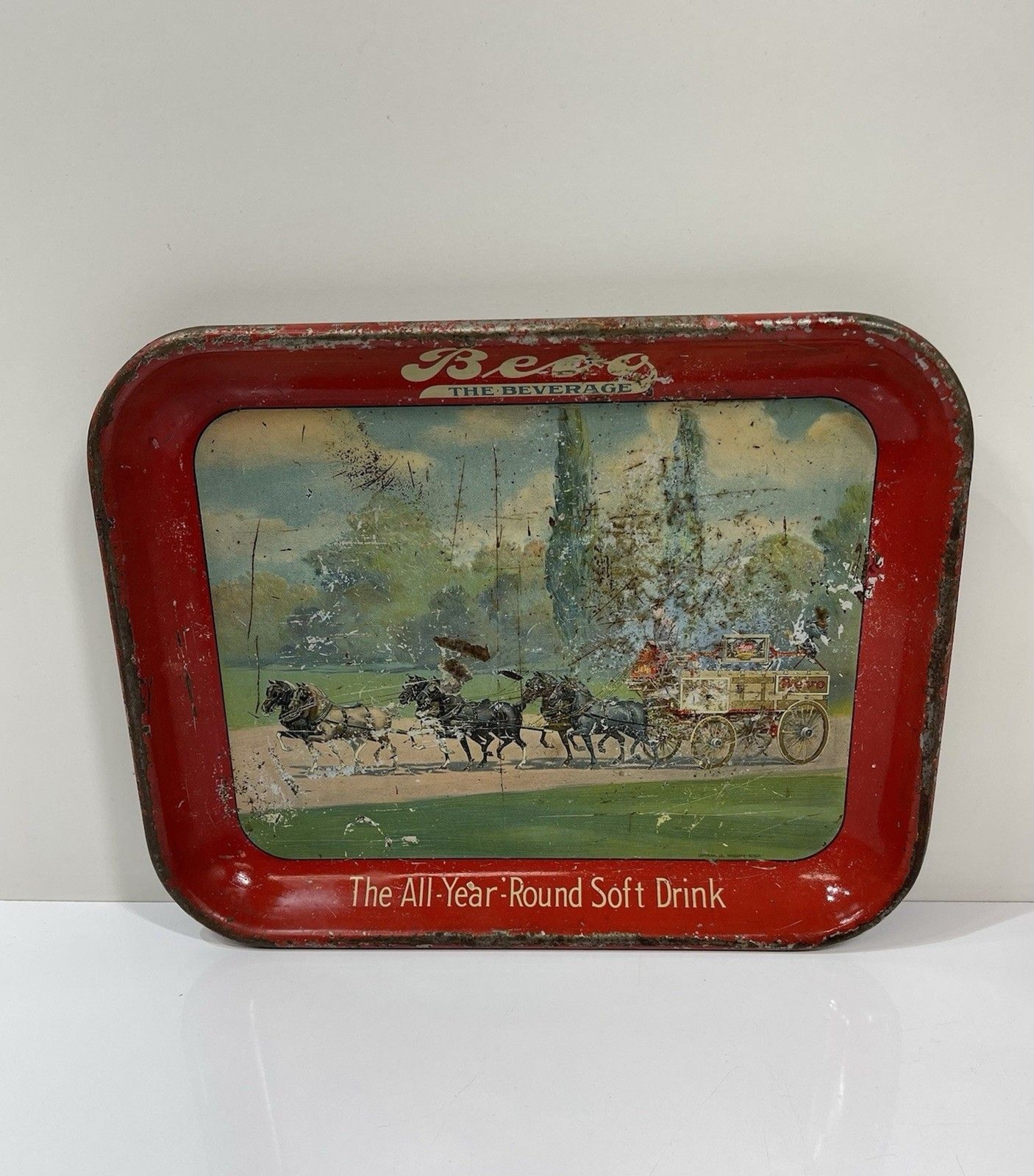 Vintage 1930s Prohibition Anheuser Busch Bevo All Year Round Soft Drink Tin Tray Vintage 1930s Prohibition Anheuser Busch Bevo All Year Round Soft Drink Tin Tray