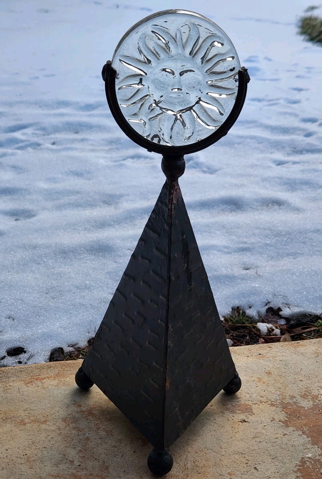 Vintage Glass Sun Face Sculpture Metal Pyramid Stand Celestial Decor 13"