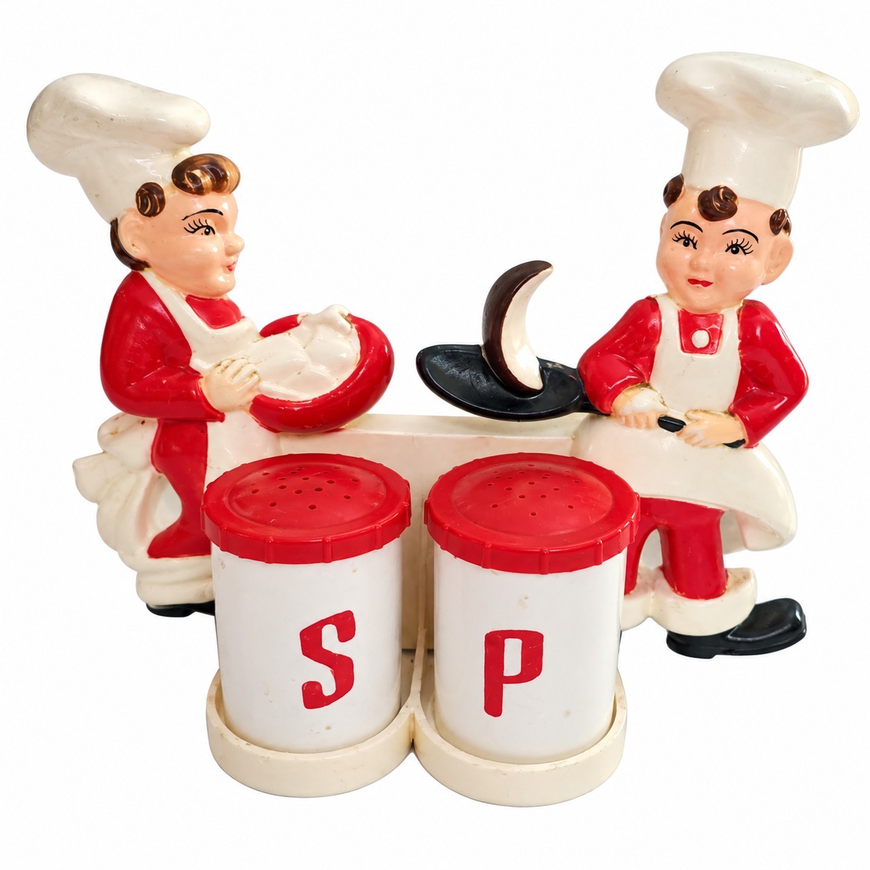 Vintage 50’s Red White Salt Pepper Shaker Set Double Chefs Plastic Wall Caddy Vintage 50’s Red White Salt Pepper Shaker Set Double Chefs Plastic Wall Caddy