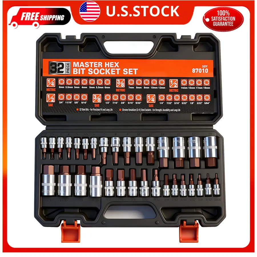 32 Piece Hex Bit Socket Set SAE Metric S2 Steel 1/4 3/8 1/2 Drive Automotive 32 Piece Hex Bit Socket Set SAE Metric S2 Steel 1/4 3/8 1/2 Drive Automotive