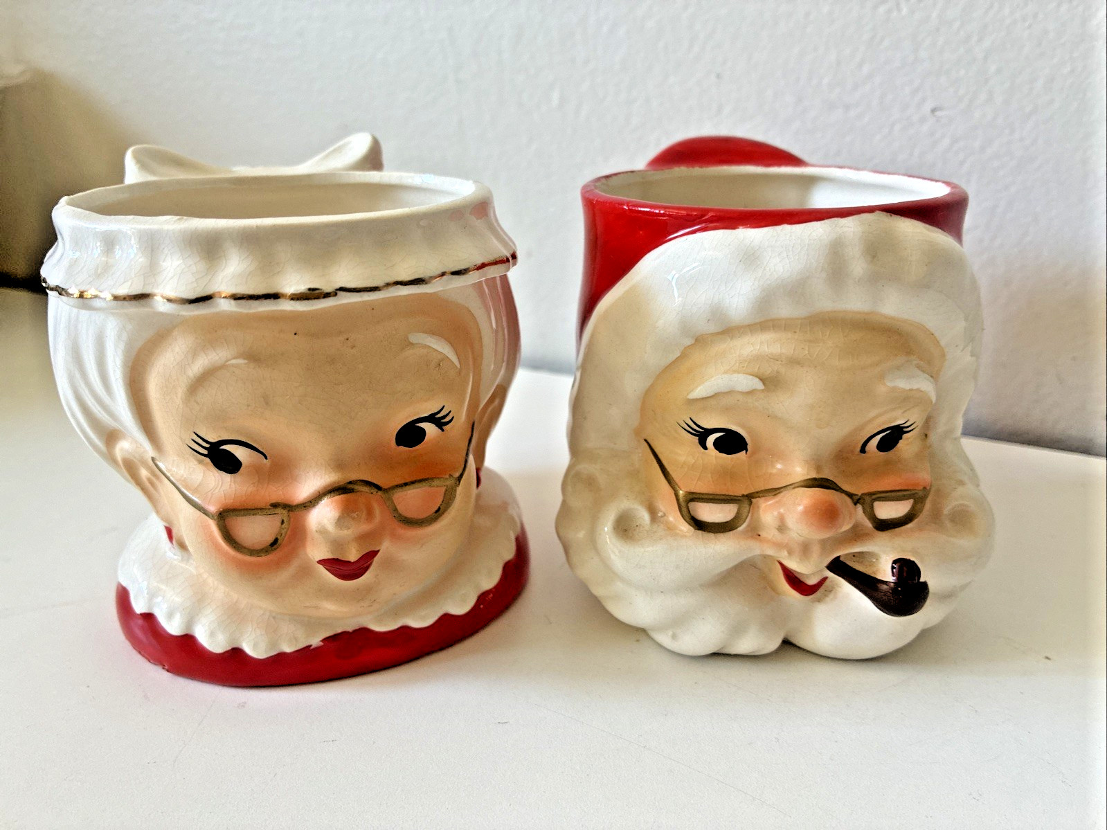 LEFTON Mr & Mrs Santa Claus Vtg Mug Cup Face Glasses Pipe # 4707 4708 RARE EXCEL LEFTON Mr & Mrs Santa Claus Vtg Mug Cup Face Glasses Pipe # 4707 4708 RARE EXCEL