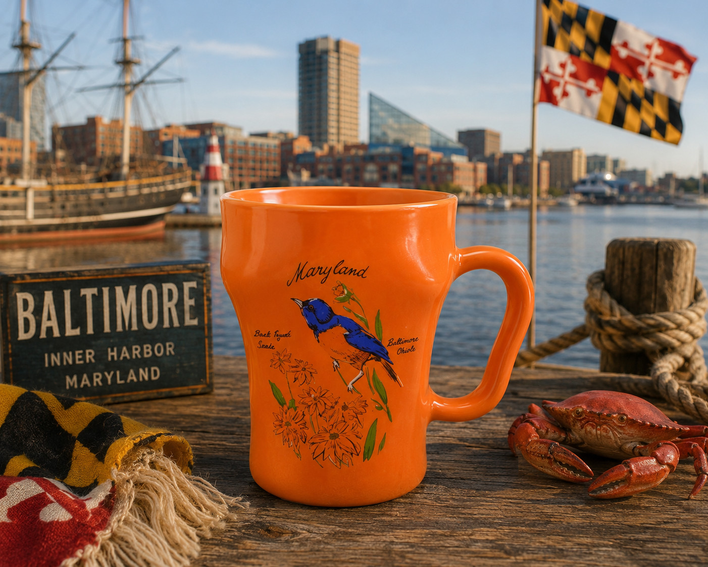 NOS Vintage Maryland Baltimore Oriole Orange Mug Fire King NOS Vintage Maryland Baltimore Oriole Orange Mug Fire King