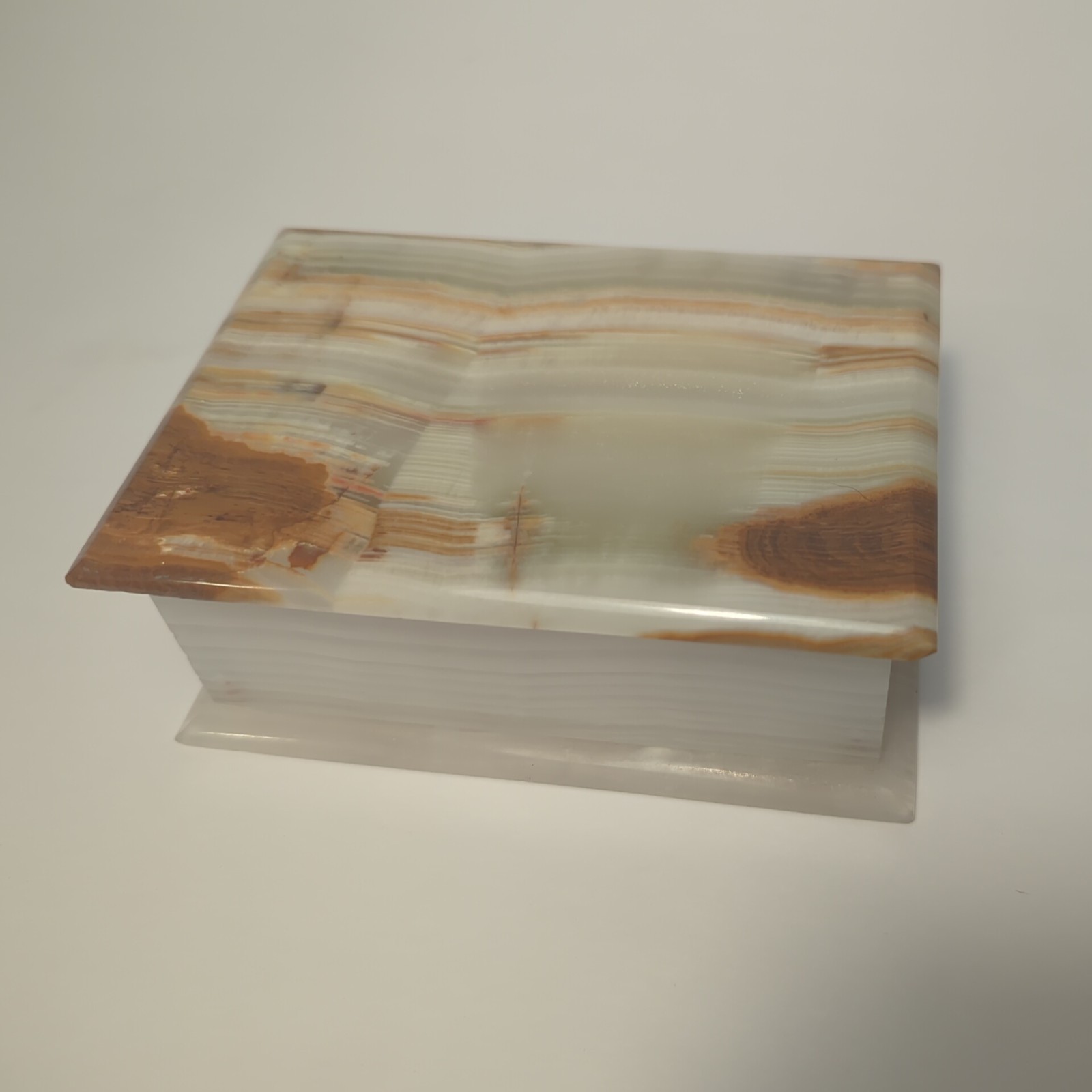 Vintage Banded Onyx Jewelry Box Stone Trinket Case Hinged Lid Marbled Alabaster