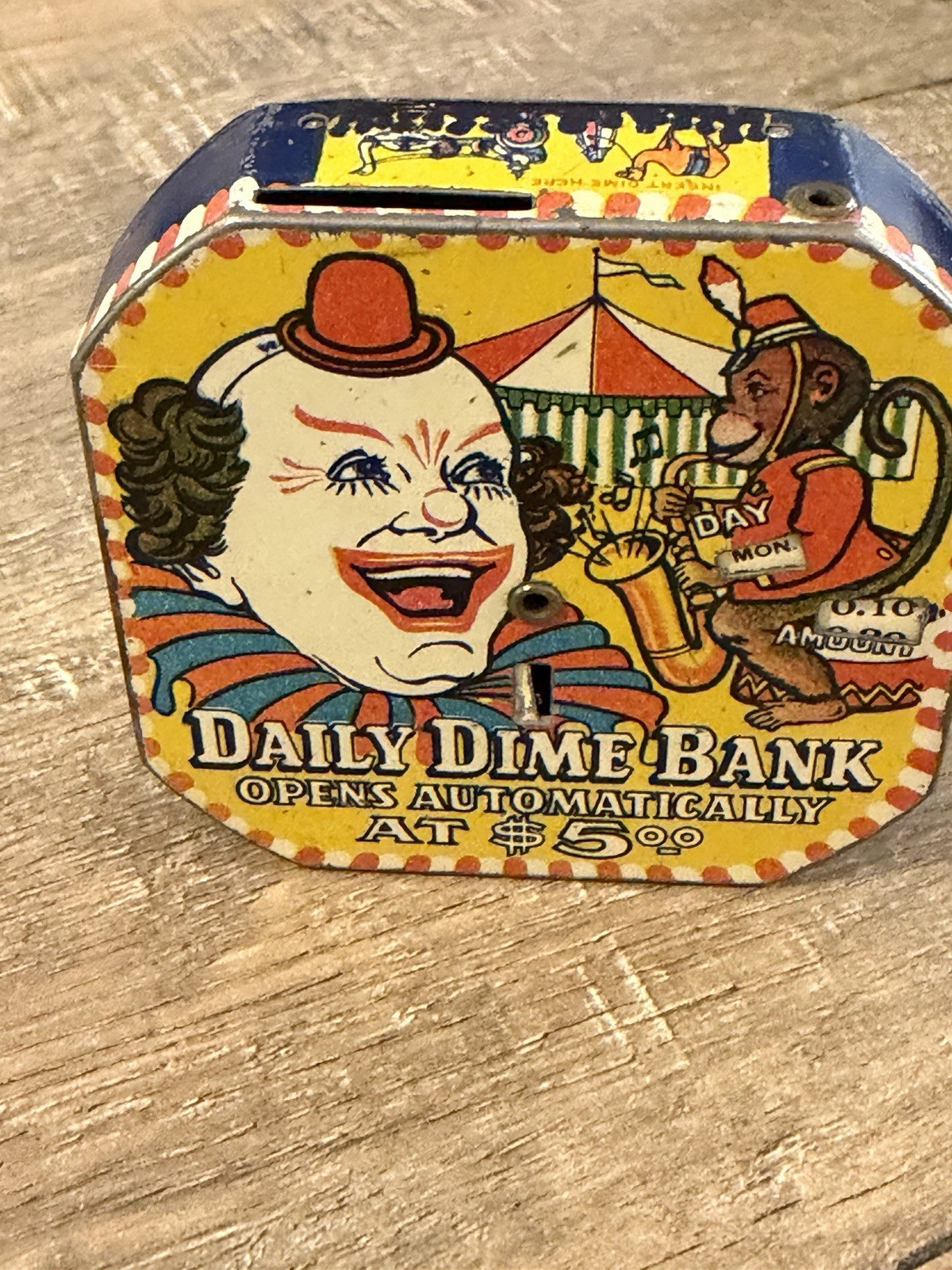 Vintage Clown Tin Litho Daily Dime Bank Clown Circus Mechanical Coin Bank Vintage Clown Tin Litho Daily Dime Bank Clown Circus Mechanical Coin Bank