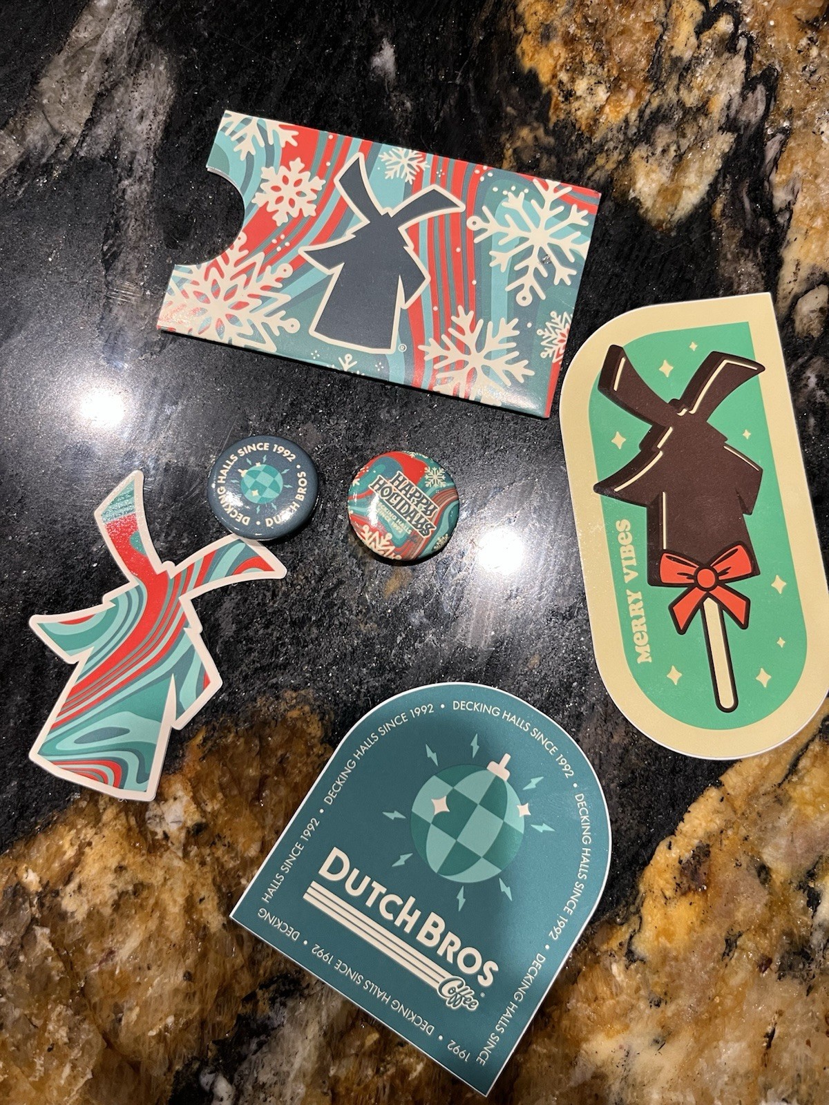 Rare Dutch Bros Winter Wonderland Windmill Sleeve Pins Disco Ball Sticker Set