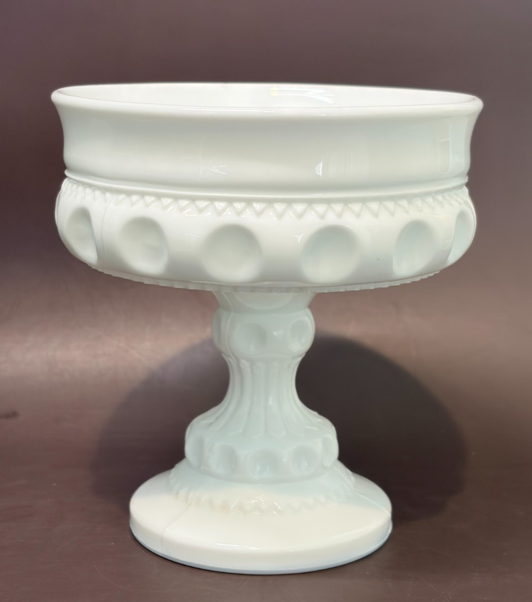 VTG Indiana Glass Milk Glass Kings Crown Thumbprint Pedestal Compote Candy Dish