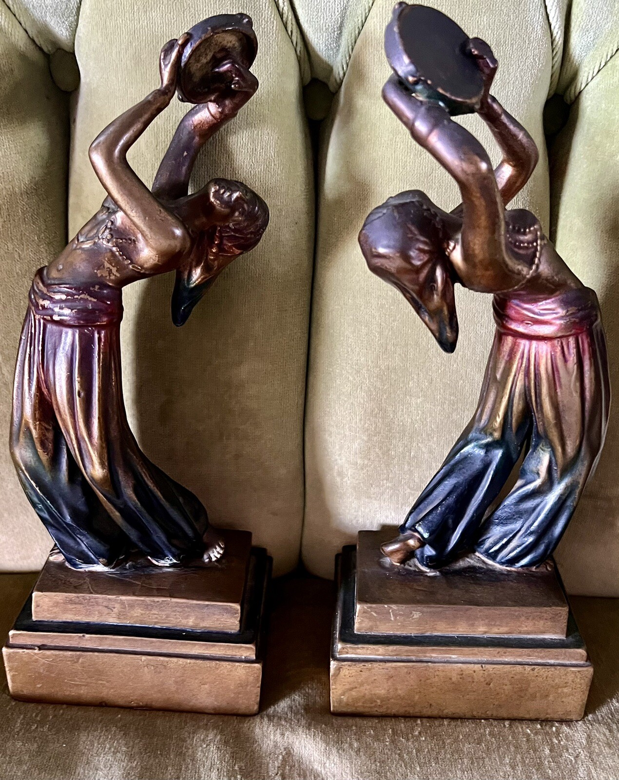 FABULOUS ART DECO ORIENTALIST CLAD BRONZE DANCING WOMEN BOOKENDS W/TAMBOURINES FABULOUS ART DECO ORIENTALIST CLAD BRONZE DANCING WOMEN BOOKENDS W/TAMBOURINES