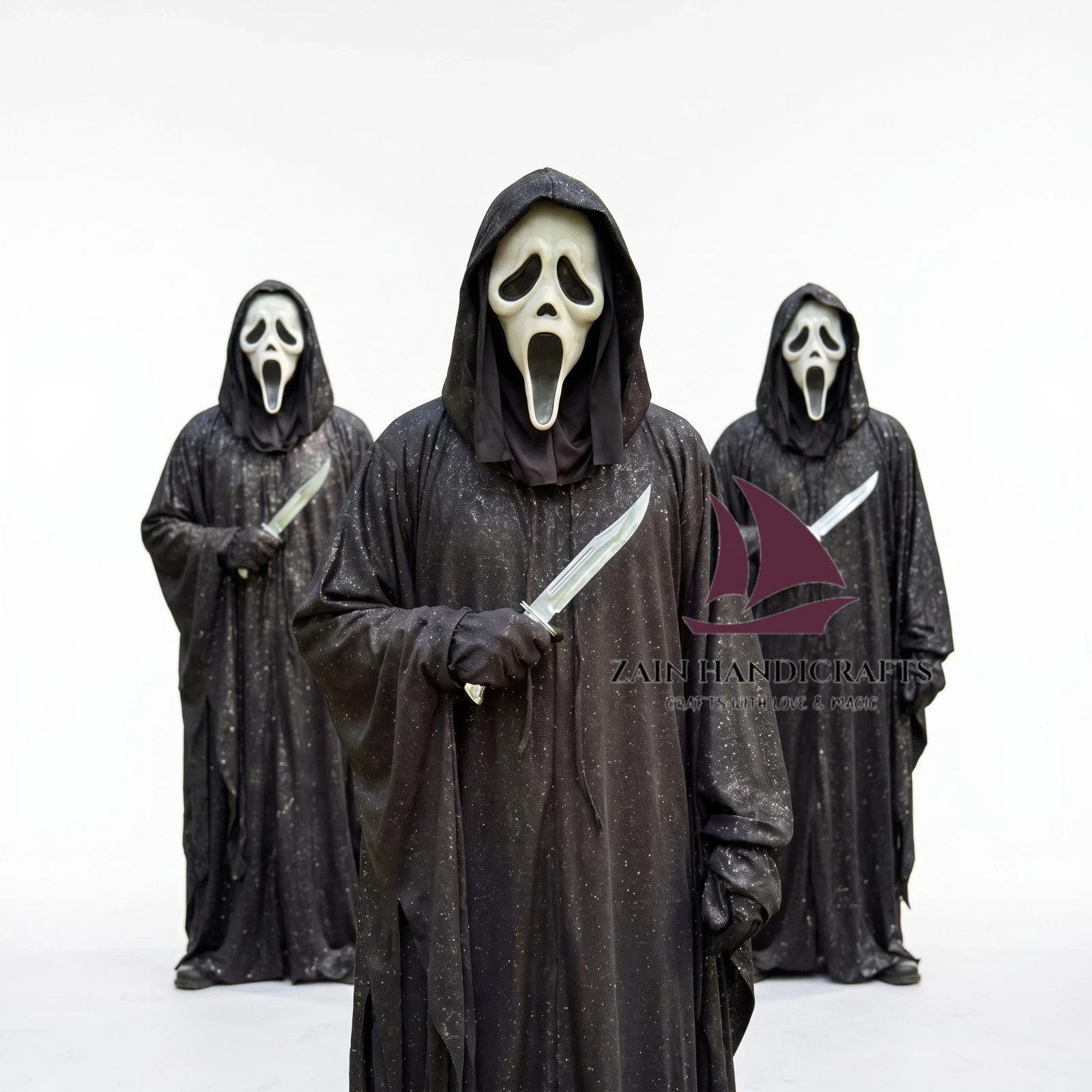 ZAIN Scream Ghost Face Black Glitter Robe Mask Horror Halloween Costume ZAIN Scream Ghost Face Black Glitter Robe Mask Horror Halloween Costume