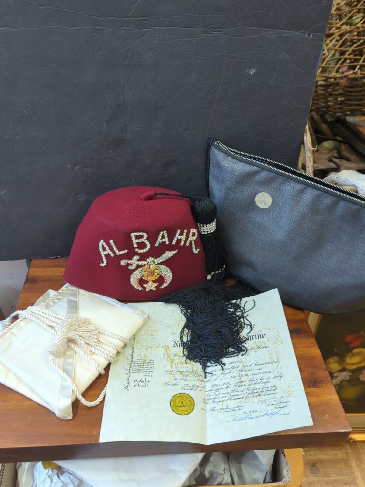 Vintage 1970s Mason Freemason Al Bahr Shriner Items Fez & Certificate Vintage 1970s Mason Freemason Al Bahr Shriner Items Fez & Certificate