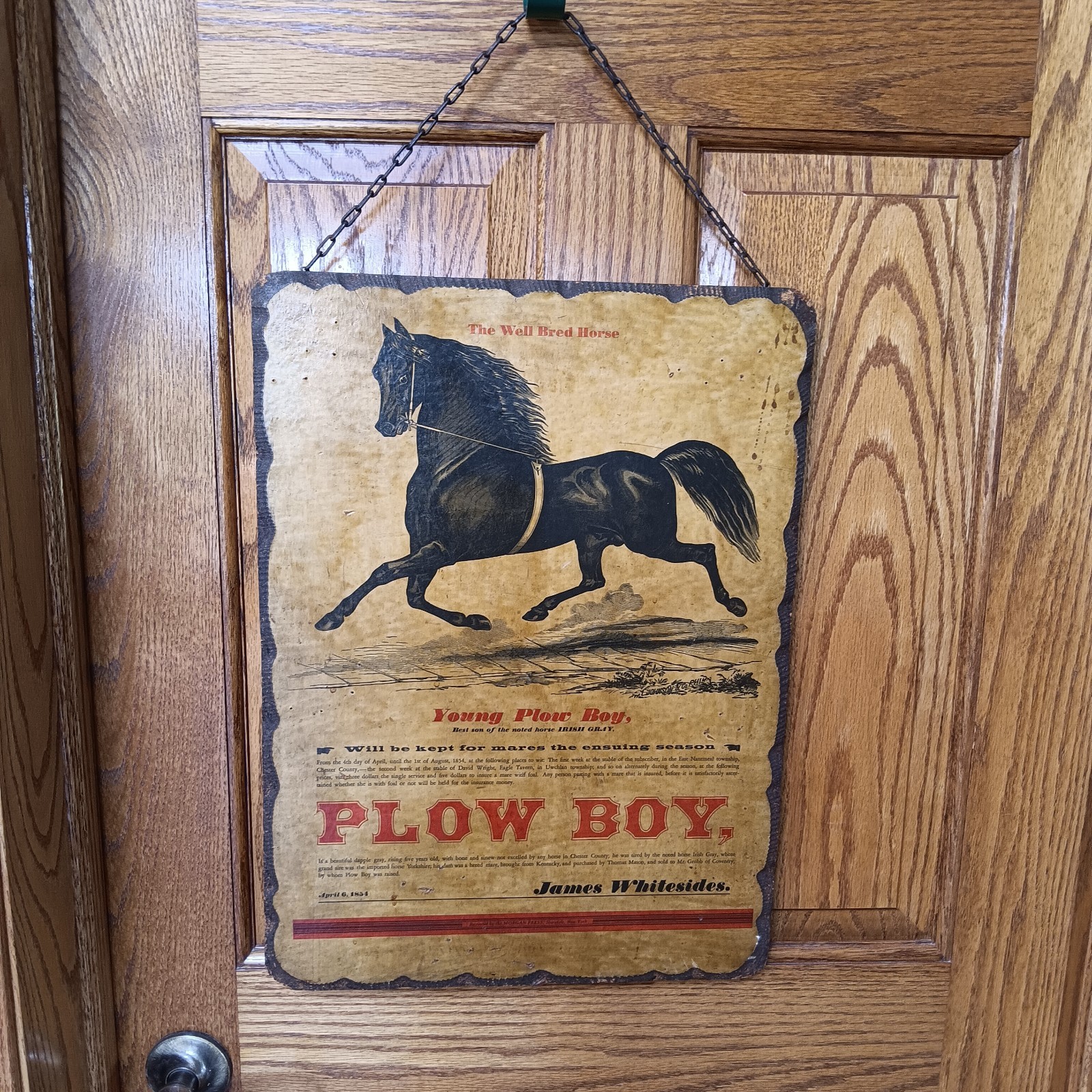 VTG 1854 Young Plow Boy Horse Breeding Ad Wood Wall Hanging Equestrian Sign