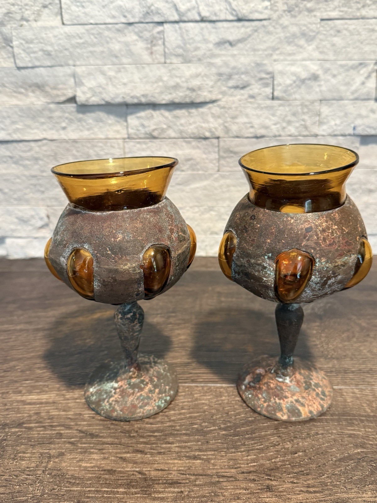 Vintage Brutalist Cage Blown Glass Goblets Amber Imprisoned Chalice - Pair Of 2 Vintage Brutalist Cage Blown Glass Goblets Amber Imprisoned Chalice - Pair Of 2