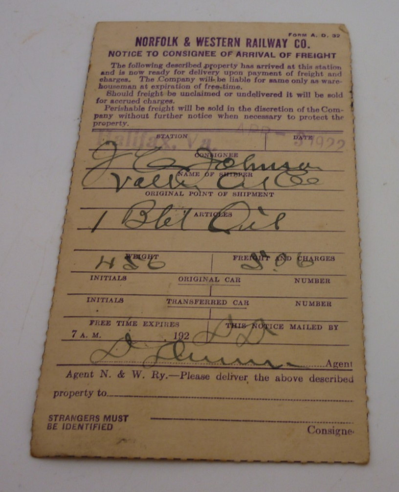 1922 Norfolk & Western Railway Freight Arrival Notice Halifax VA Postal Card 1922 Norfolk & Western Railway Freight Arrival Notice Halifax VA Postal Card