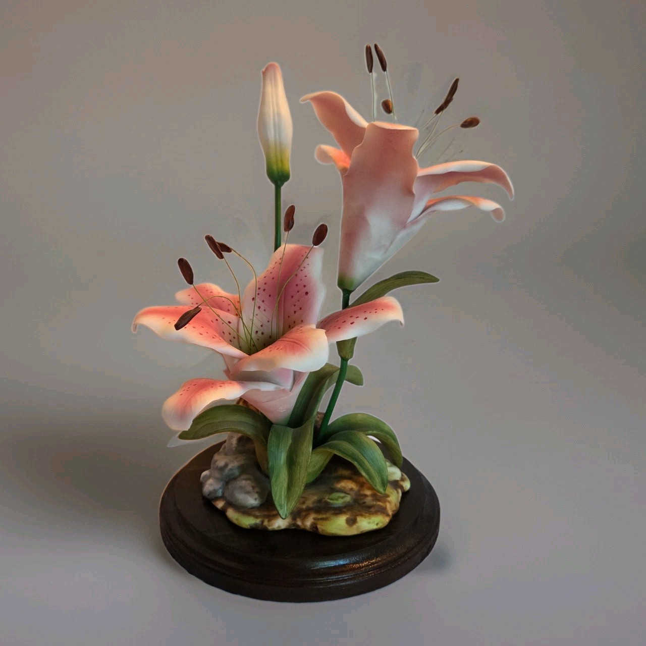 Vintage Andrea by Sadek Stargazer Lilies Porcelain Figural with Wood Base-10" Vintage Andrea by Sadek Stargazer Lilies Porcelain Figural with Wood Base-10"