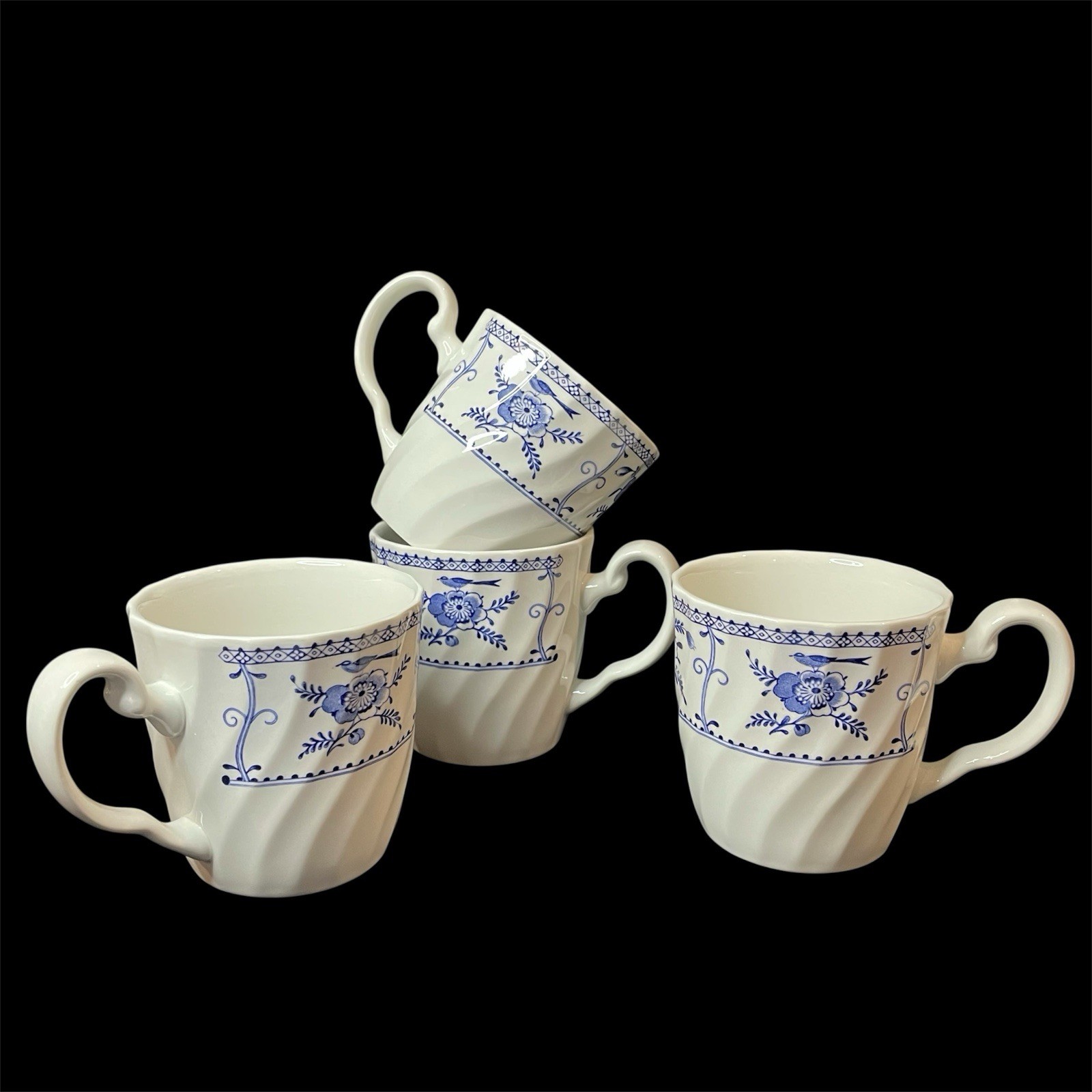4 Vtg Johnson Brothers Indies Blue Mugs Swirl Floral Bird Transferware England 4 Vtg Johnson Brothers Indies Blue Mugs Swirl Floral Bird Transferware England