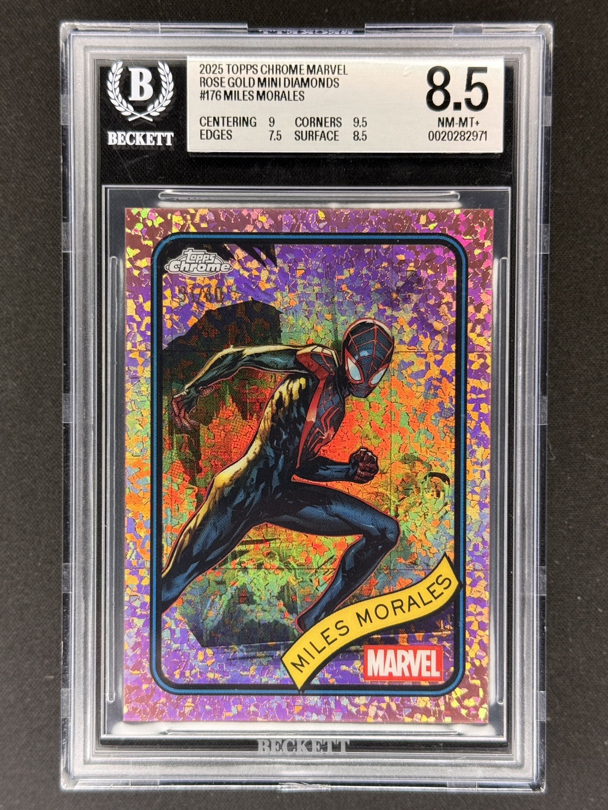 BGS 8.5 2025 Topps Chrome Marvel Miles Morales Rose Gold Mini Diamonds /40 #176 BGS 8.5 2025 Topps Chrome Marvel Miles Morales Rose Gold Mini Diamonds /40 #176