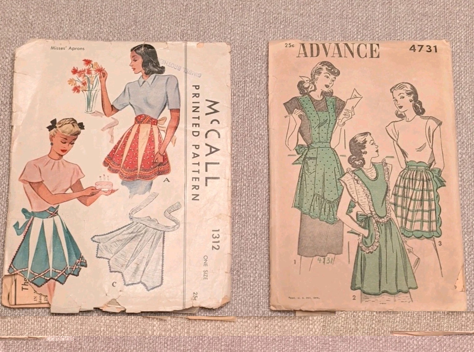 VTG 1940s Apron Sewing Patterns Lot of 2 McCall 1312 Advance 4731 CUT 