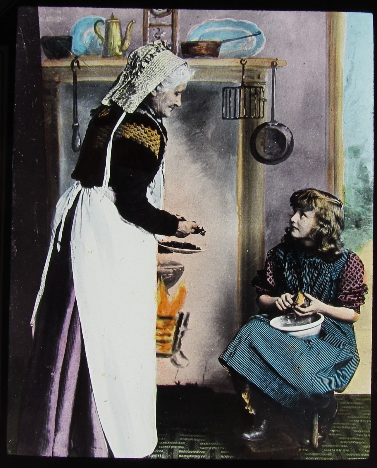 Glass Magic Lantern Slide OLD WOMAN AND GIRL IN KITCHEN C1890 VICTORIAN PHOTO Glass Magic Lantern Slide OLD WOMAN AND GIRL IN KITCHEN C1890 VICTORIAN PHOTO