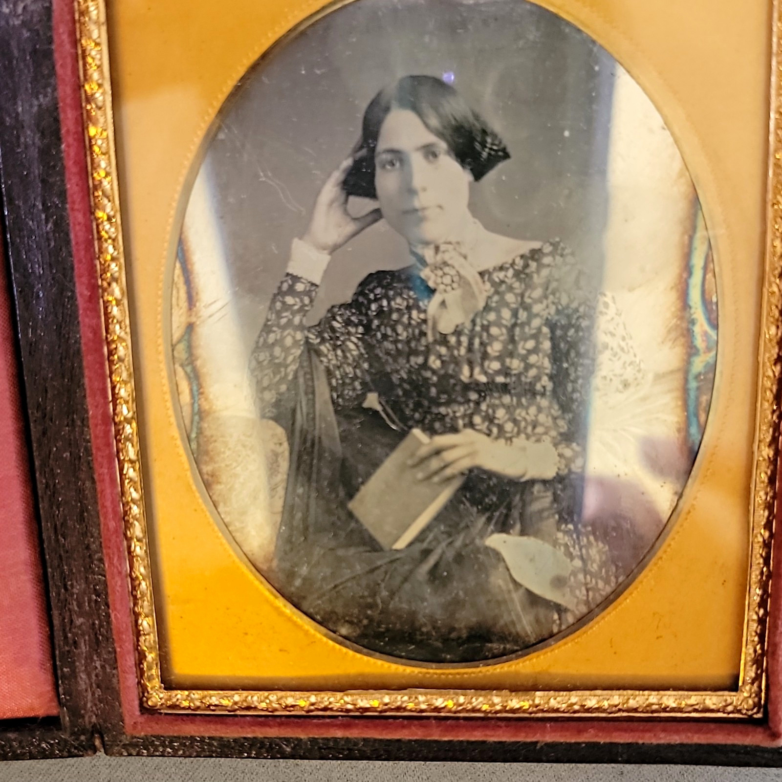 Antique 1/6 Plate Daguerreotype Portrait Seated Woman Holding Book 1850s Fashion