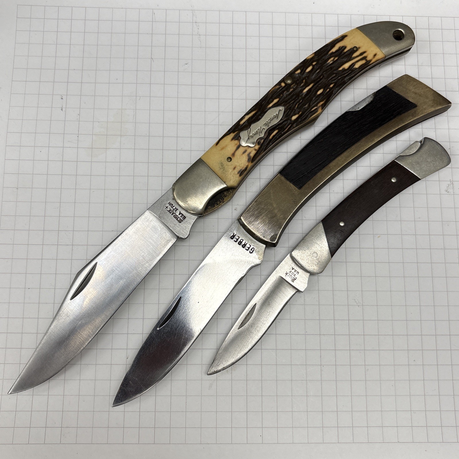Three Vintage Made In USA Buck Gerber Schrade Hunting Knives