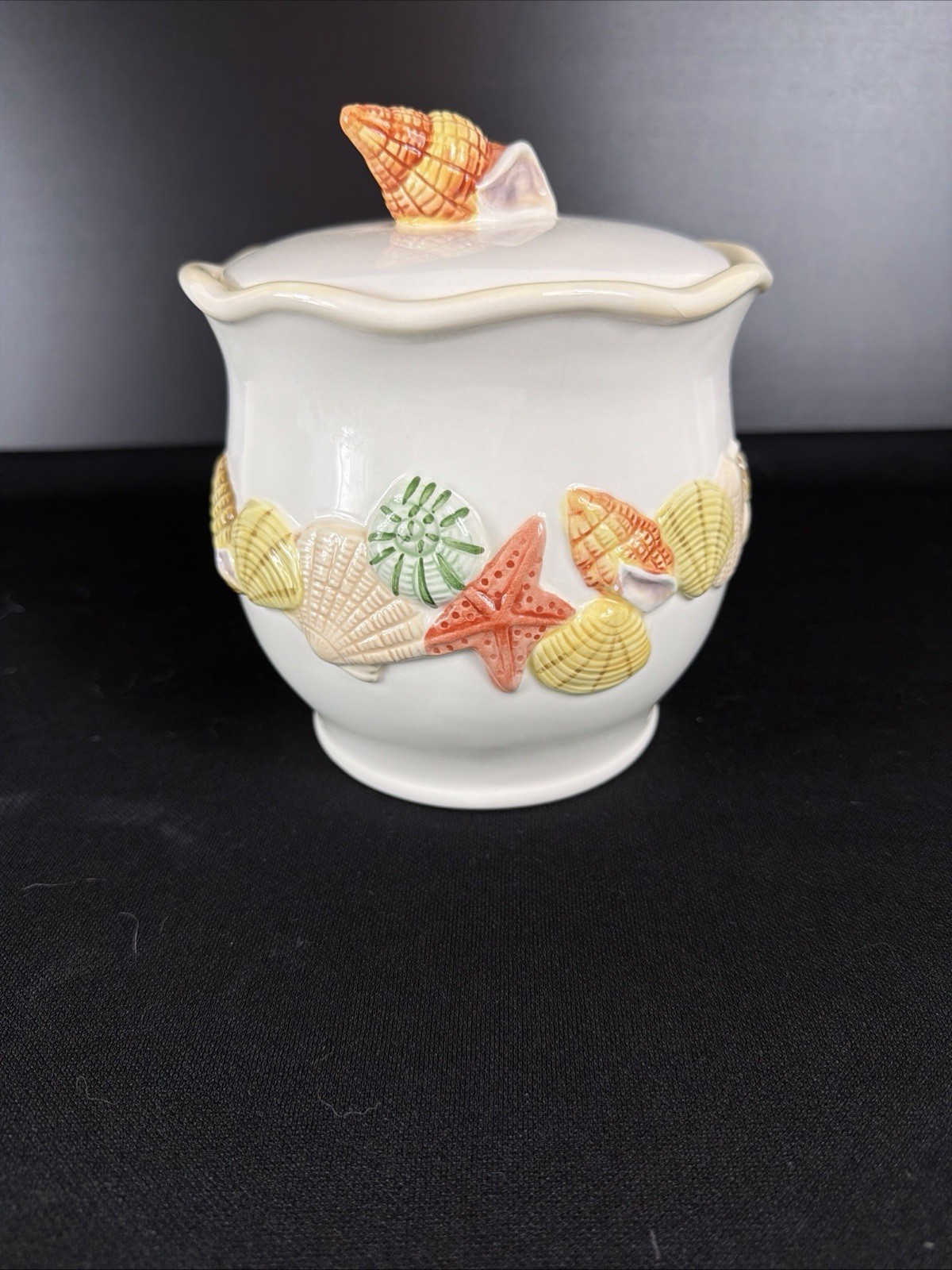 Sandy Shore Ceramic Sea She’ll Lidded Canister 6” Tall 5” Wide