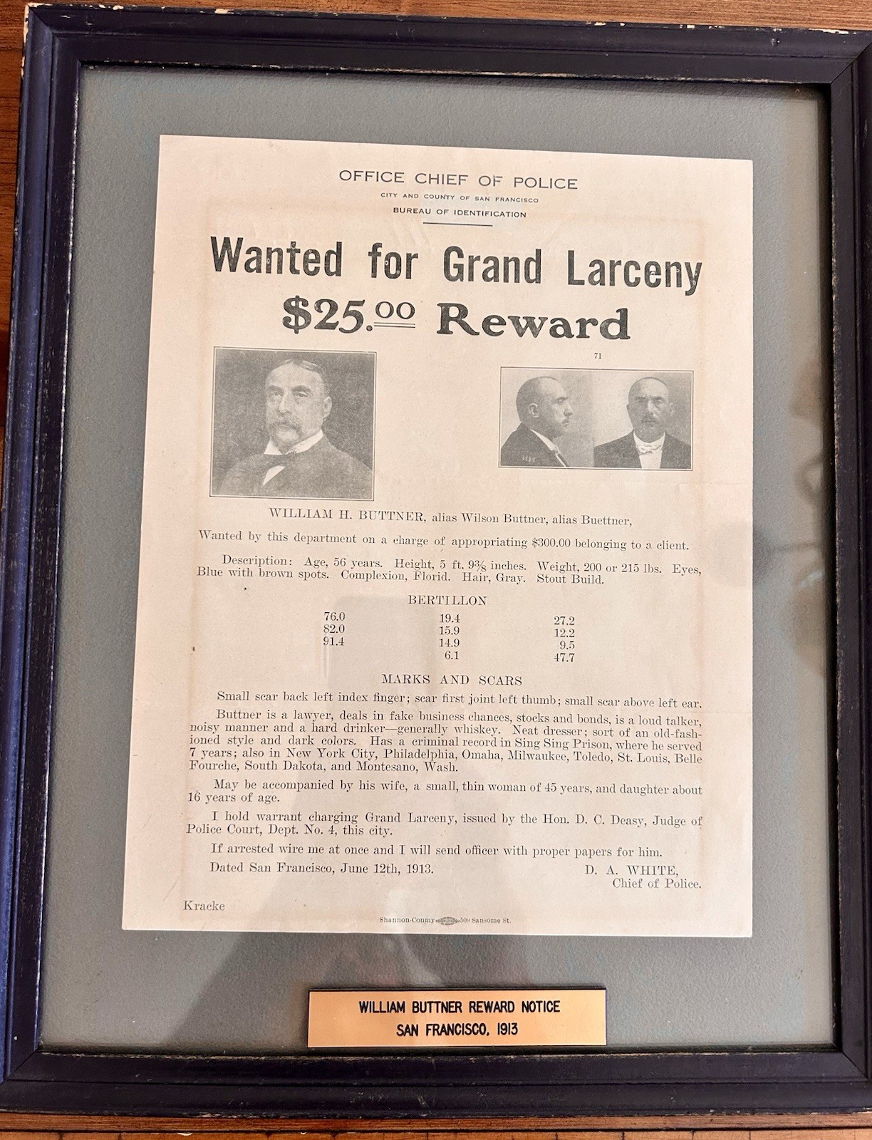 RARE - 1913 William Buttner Reward Notice - San Francisco RARE - 1913 William Buttner Reward Notice - San Francisco
