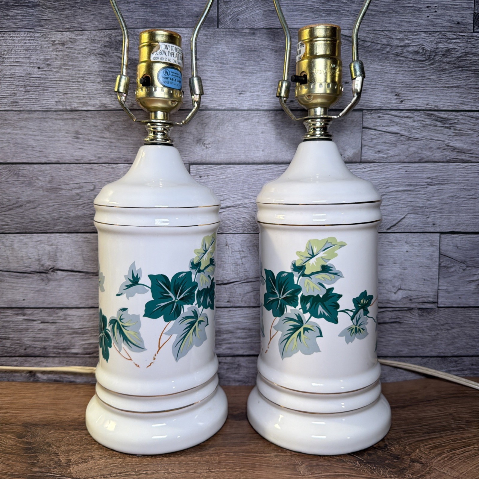 Pair of Vintage Mid Century Ceramic Table Lamps 12 In White Green Ivy Leaf Gold Pair of Vintage Mid Century Ceramic Table Lamps 12 In White Green Ivy Leaf Gold