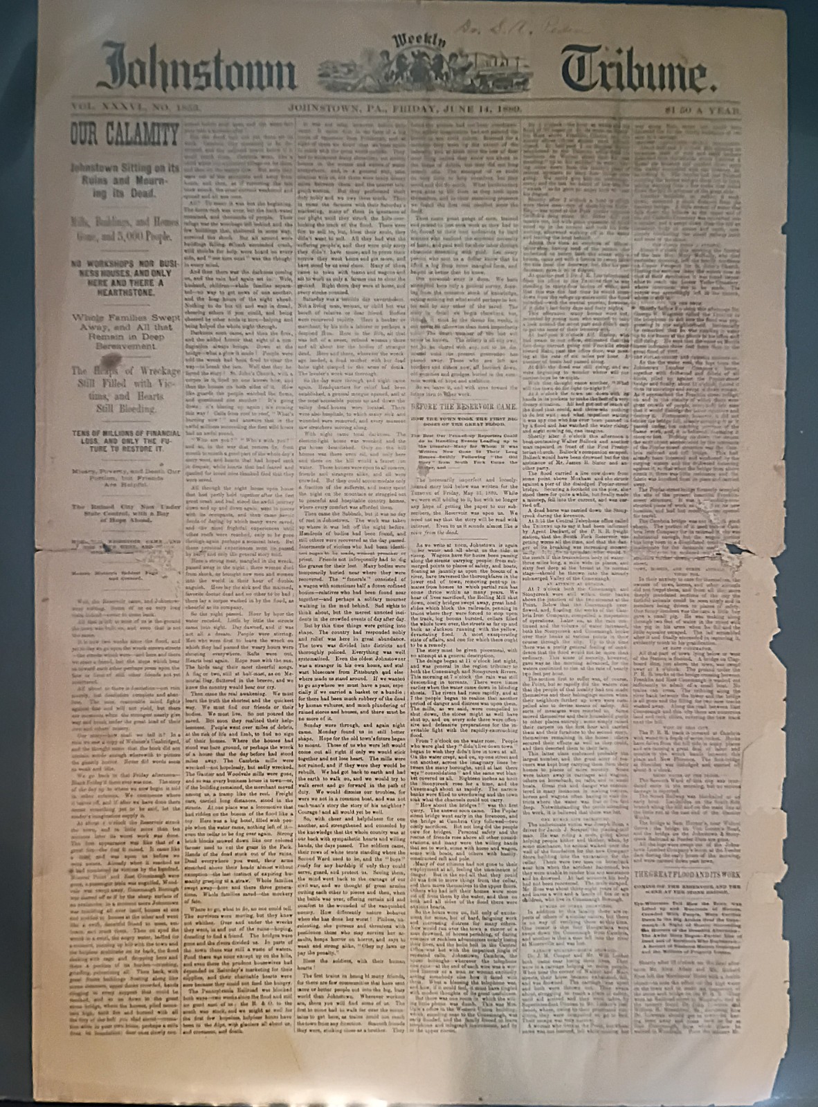 1889 JOHNSTOWN FLOOD - ORIGINAL JOHNSTOWN TRIBUNE FRONT PAGE & OTHER ORIGINALS 1889 JOHNSTOWN FLOOD - ORIGINAL JOHNSTOWN TRIBUNE FRONT PAGE & OTHER ORIGINALS