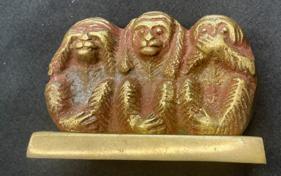 Vintage Solid Brass Three Wise Monkeys Desk Paperweight Figurine See Hear Speak