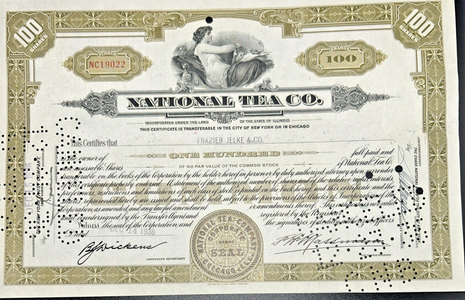 National Tea Co Stock Certificate 1936 Frazier Jelke Signature Wall Street National Tea Co Stock Certificate 1936 Frazier Jelke Signature Wall Street