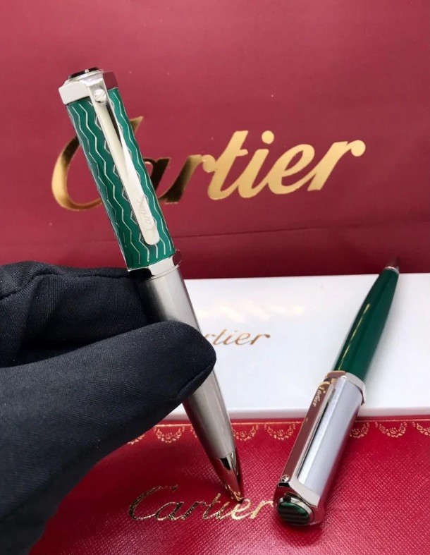 SALE Cartier Santos de Cartier Green Silver Ballpoint Pen Luxury New Full Box SALE Cartier Santos de Cartier Green Silver Ballpoint Pen Luxury New Full Box