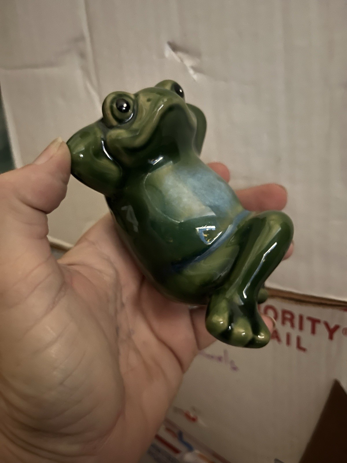 Vintage Fat Frog Figurine Glazed Ceramic, Hand-Painted Green "reclining Frog"