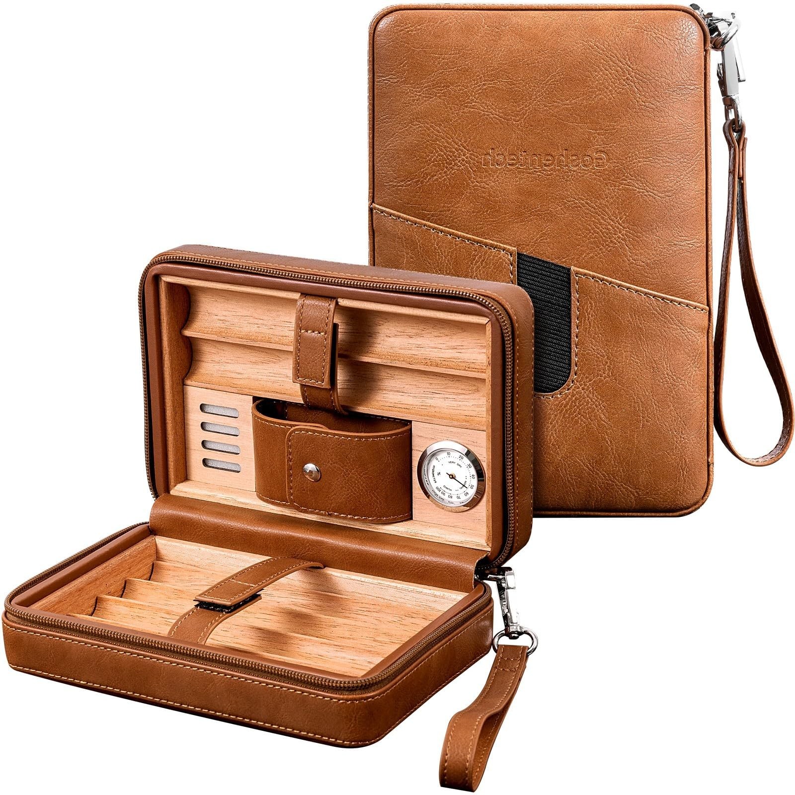 Leather cedar wood case, travel box with hygrometer, capacity 6pcs(Brown) | c... Leather cedar wood case, travel box with hygrometer, capacity 6pcs(Brown) | c...